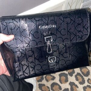 Calvin Klein Black Monogram Clutch with Silver Hardware